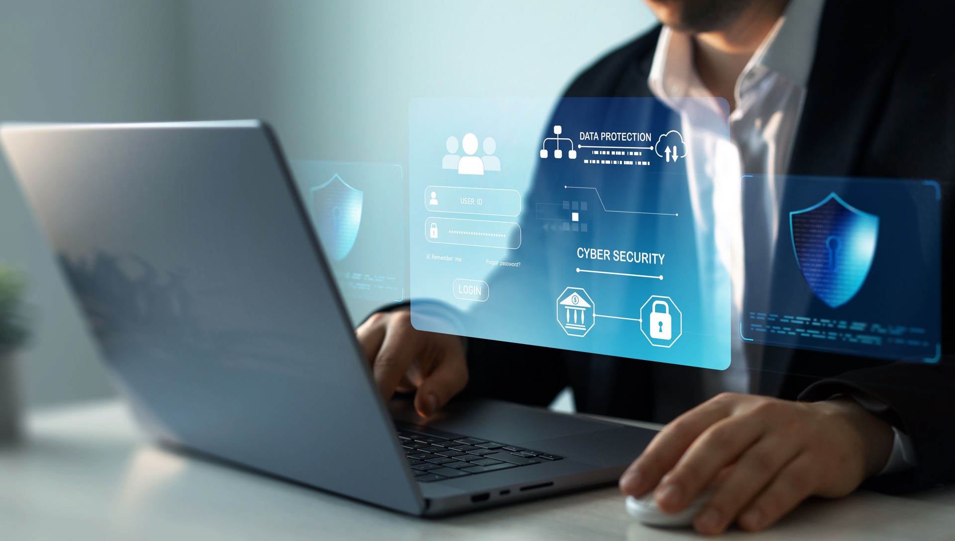 Protecting herself from cyber attacks and personal data.Protection data access.Cyber security protection concept.